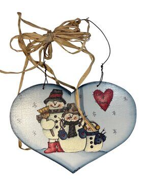 Hand Painted Wooden Heart Let It Snow" Wall Hanging Snowman Family Raffia Signed